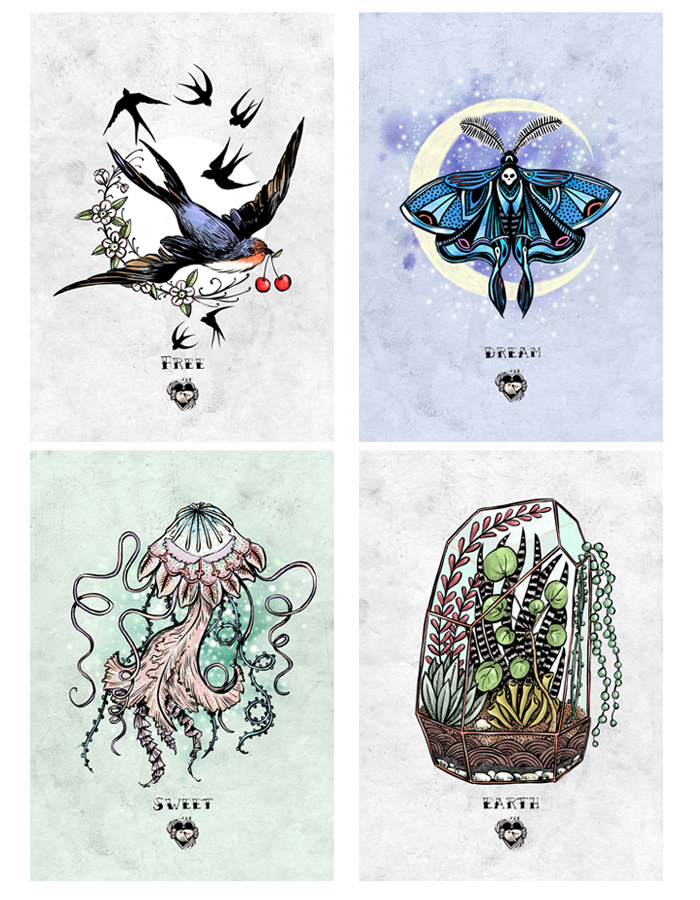 illustration tattoo tatouage papillon hirondelle meduse serre botanique