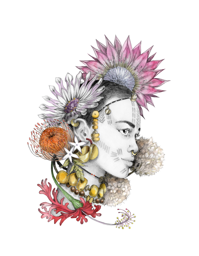 portrait illustration femme fleurs botanique afrique