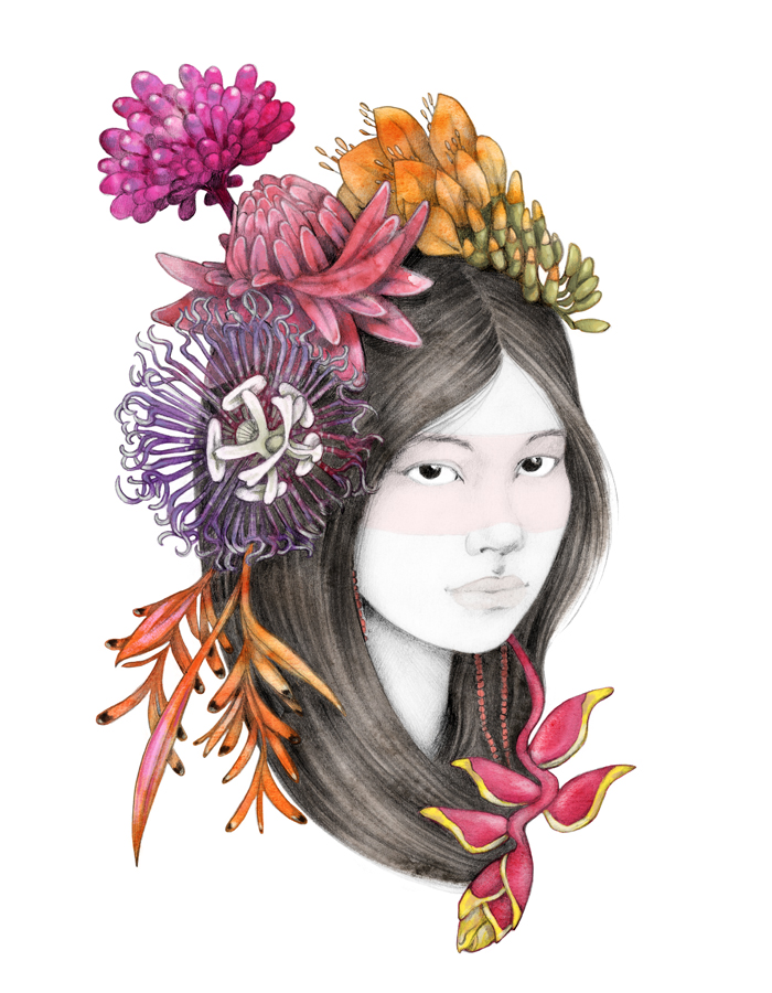 portrait illustration femme fleurs botanique amerique