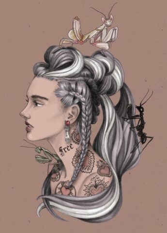 mante cheveux gris mantes religieuses insecte illustration dessin portait