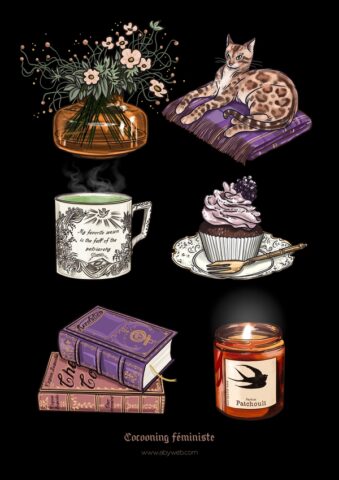 cocooning feminist livre chat cupcake fleurs flowers mug the tea bougie illustration