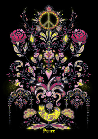 dessin folklorique illustration peace paix noir black botanique fleurs