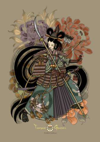 Tomoe Gozen Minamoto japon japan samourai illustration dessin fleurs