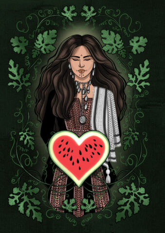 save palestine stop genocide love peace paix femme illustration dessin portrait keffieh palestinien pastèque