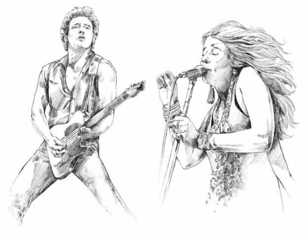illustration artistes bruce sprinsteen janis joplin dessin crayon