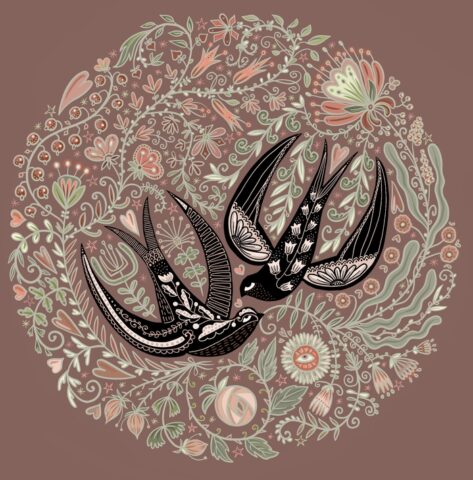 hirondelle motif folklorique botanique fleurs illustration nature